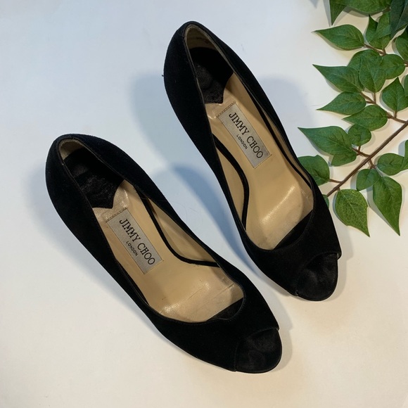 Jimmy Choo Black Suede Peep Toe Pumps 6 - Picture 2 of 8